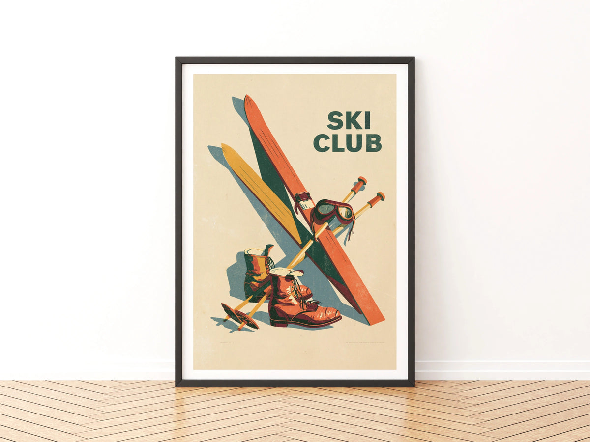 Retro Ski Club Poster, Vintage Skiing Wall Art, Alpine Sport Print, Ski Lodge Decor