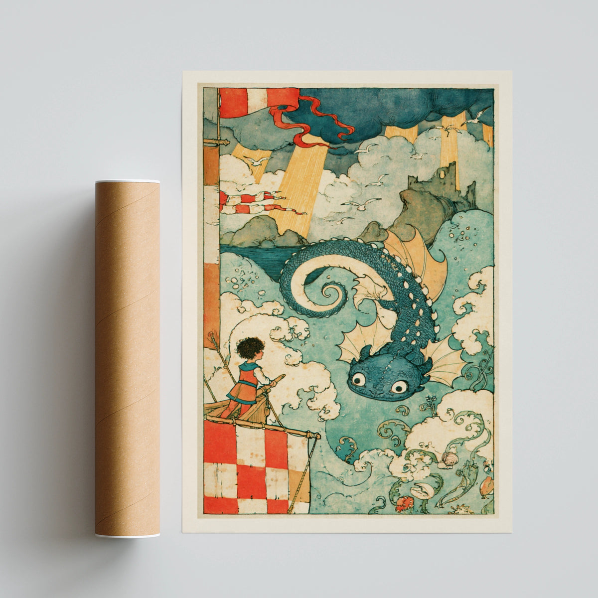 The Sea Captain & Sea Dragon Print,  Ocean adventure Art for Boys Bedroom, Mytholgy