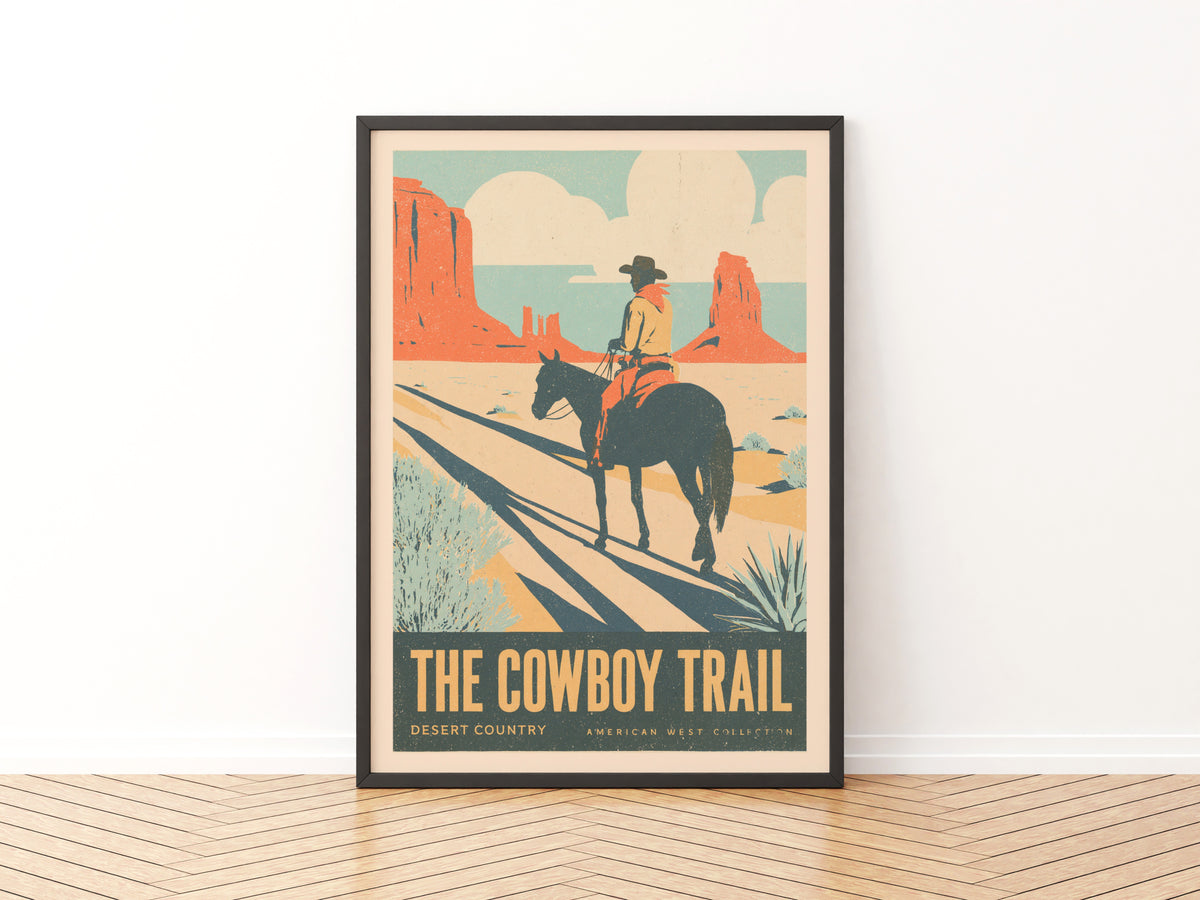 Retro Cowboy Poster, Vintage Travel Print, Monument Valley Desert Wall Art, Western Decor