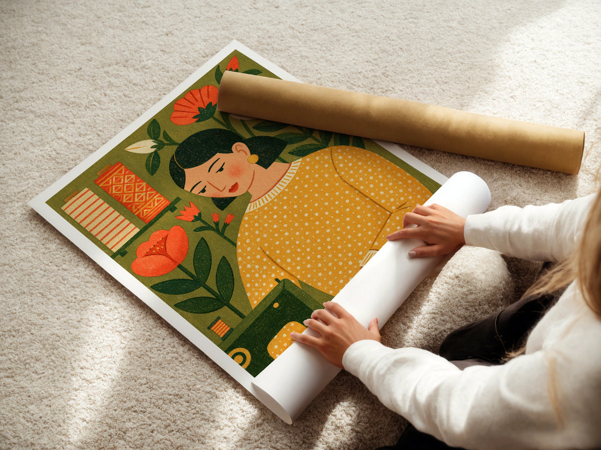 Retro Sewing Print, Craft Room Wall Art, Vintage Sewing Machine Poster, Floral Folk Art Gift