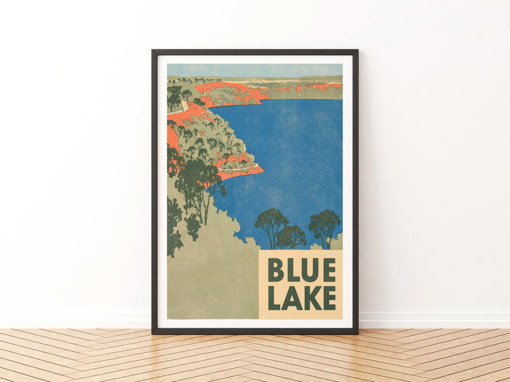 Retro Blue Lake Poster, Vintage Travel Print, Australian Landscape Wall Art, Mount Gambier