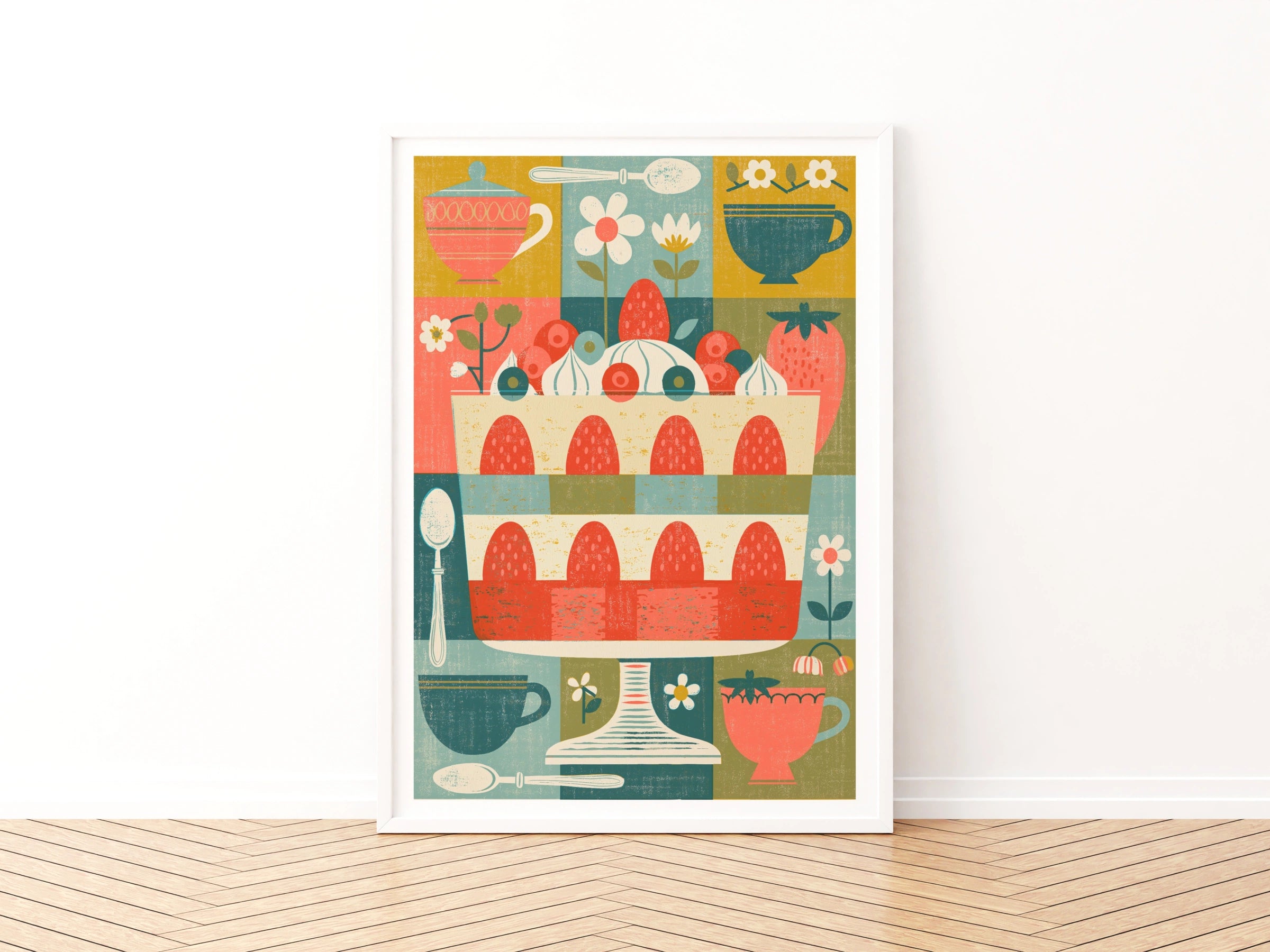 Vintage Trifle Print,  Rustic Kitchen Decor, Retro Mid Century Risograph Art