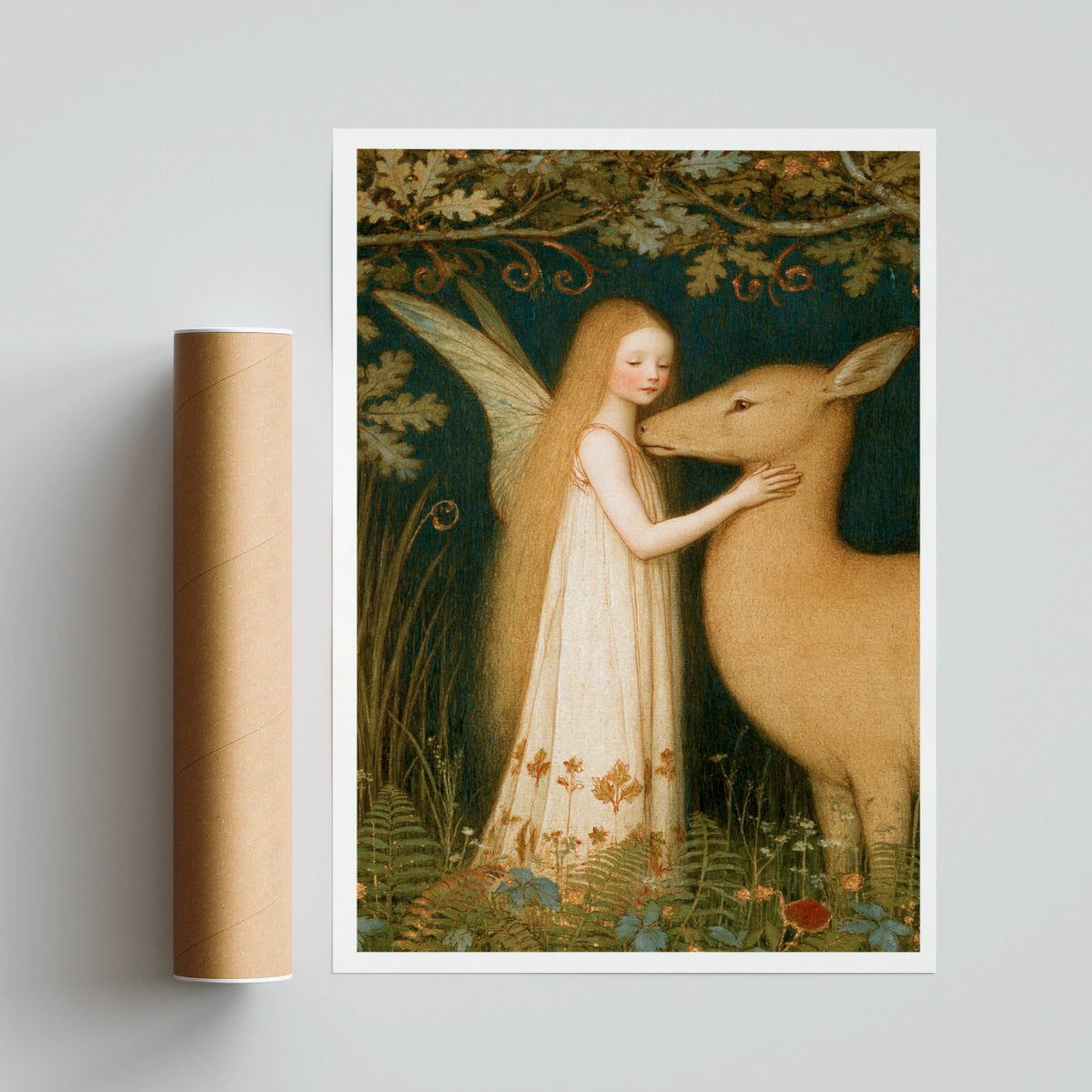 Fairy and Deer Forest Print, Classic Folk Art Poster, Woodland Wall Art, Vintage Illustrated