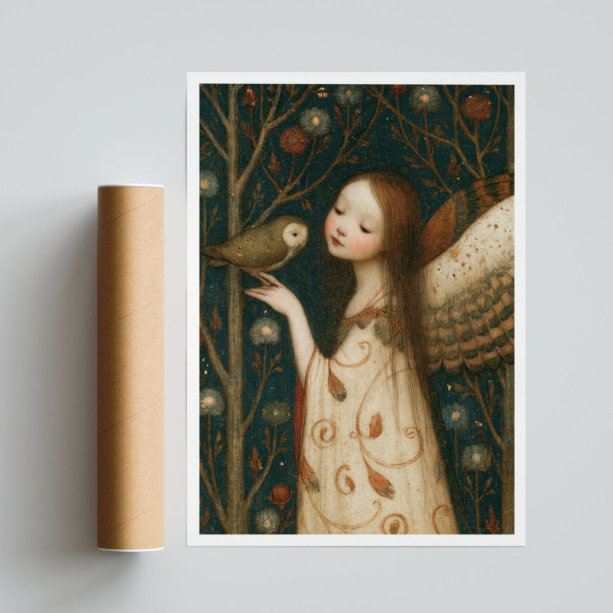 Owl Fairy - Classic Inspired Fairy Print, Folk Art Poster, Teal Floral Wall Art