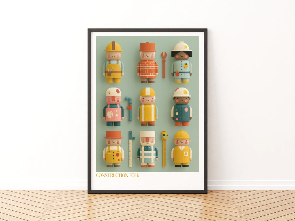 Construction Folk Kids Wall Art, Retro Wooden Toy Characters Print, Children's Bedroom Poster