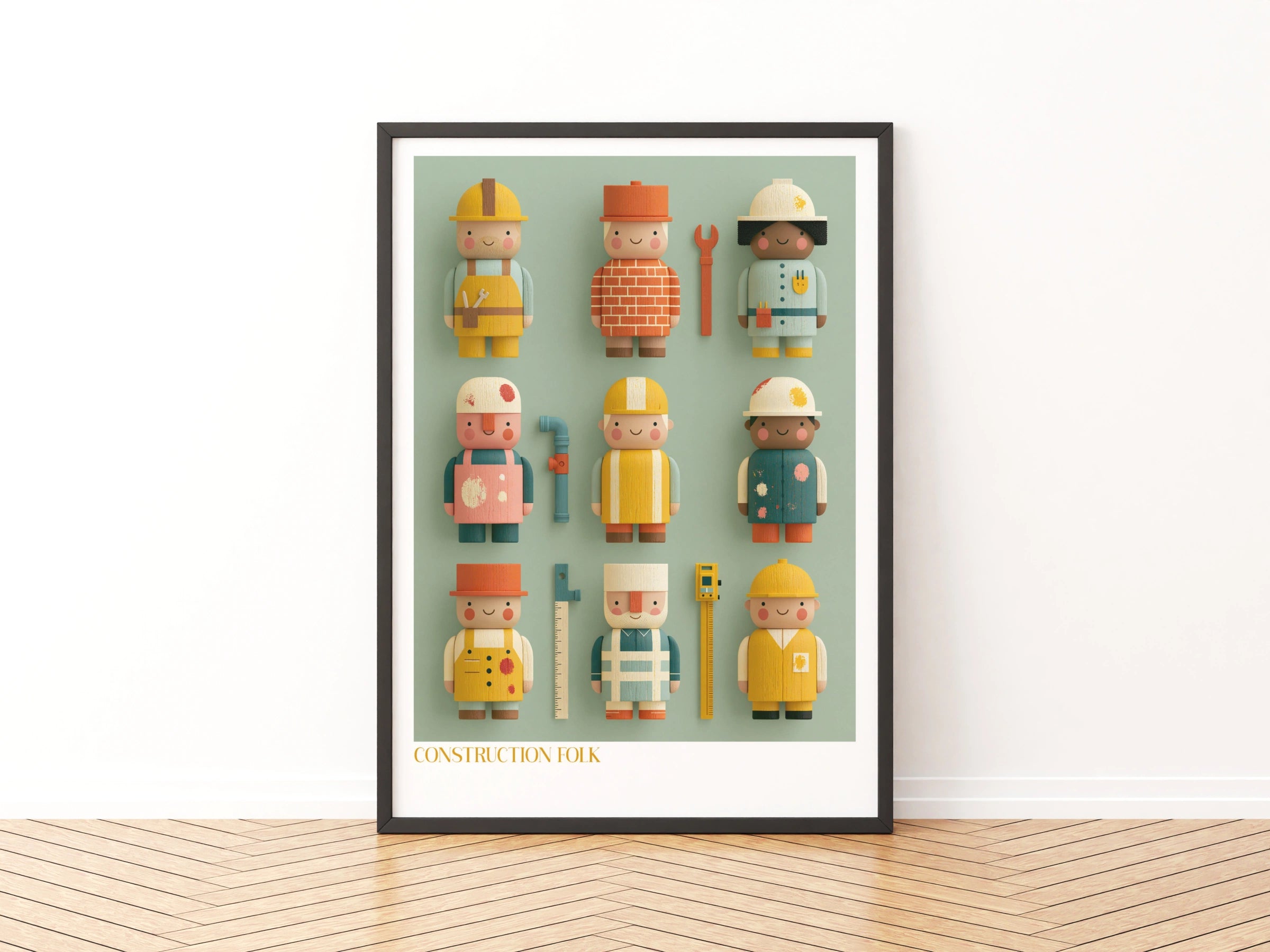 Construction Folk Kids Wall Art, Retro Wooden Toy Characters Print, Children's Bedroom Poster