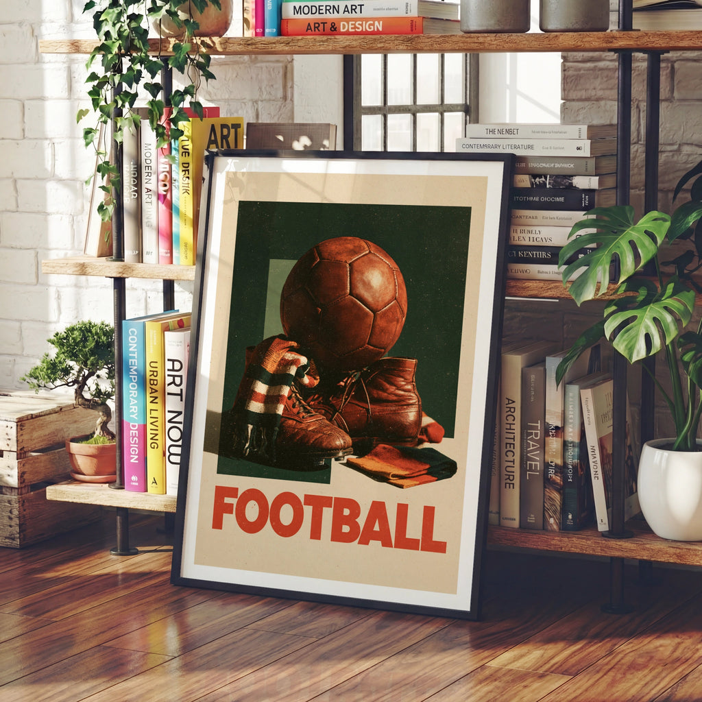 Retro Football Poster, Vintage Soccer Print, Old Leather Ball Wall Art, Sports Fan Gift