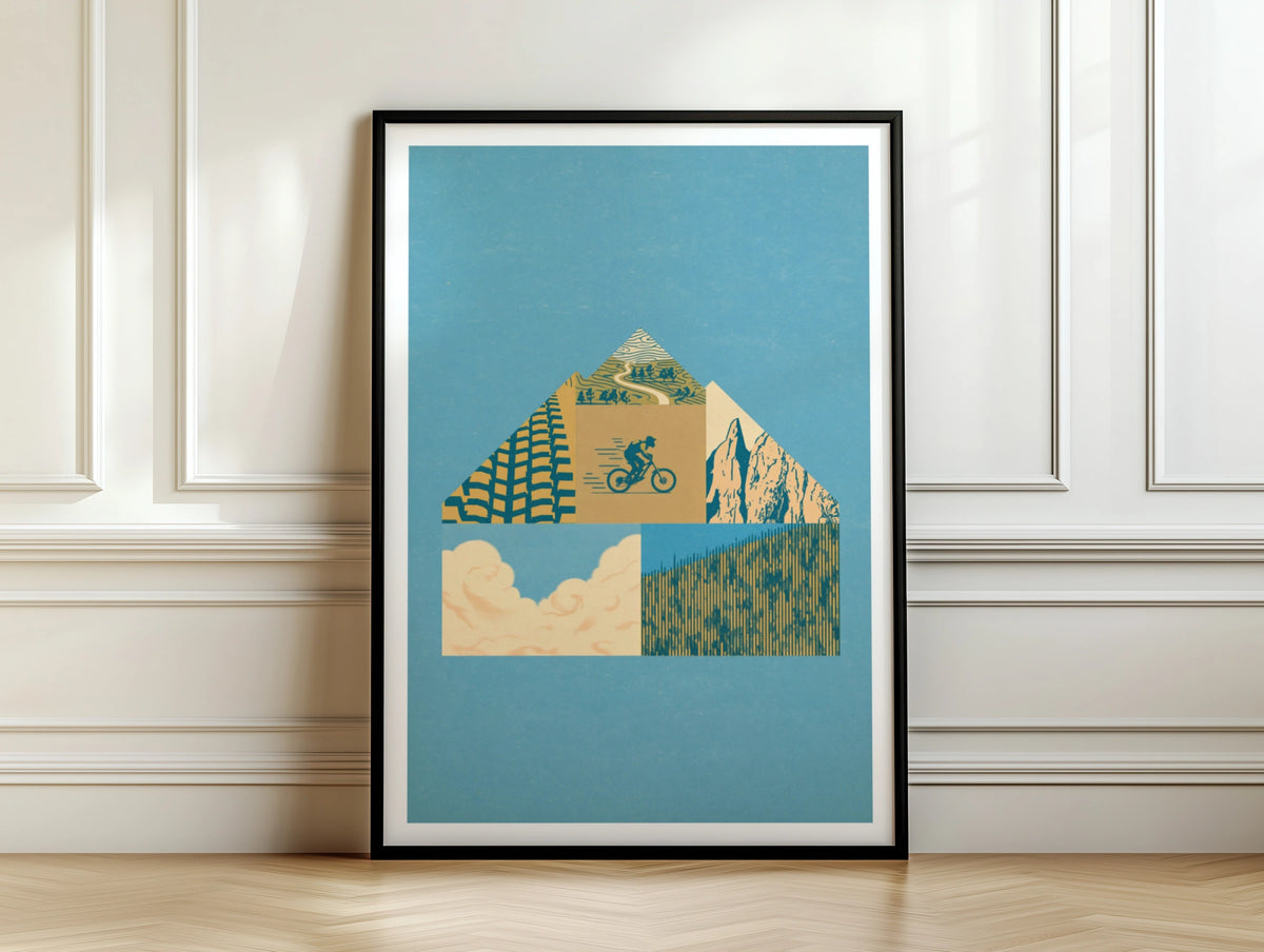 Mountain Bike Retro Poster, Cycling Wall Art Print, Vintage MTB Collage, Blue Gold