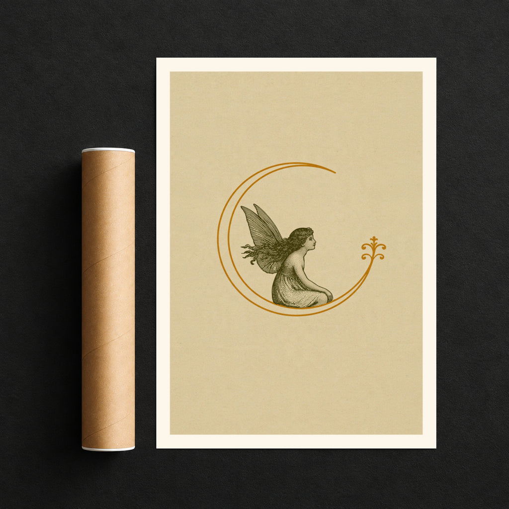 Vintage Fairy on Crescent Moon Art Print, Whimsical Fairycore Poster, Woodland Nature Wall Decor