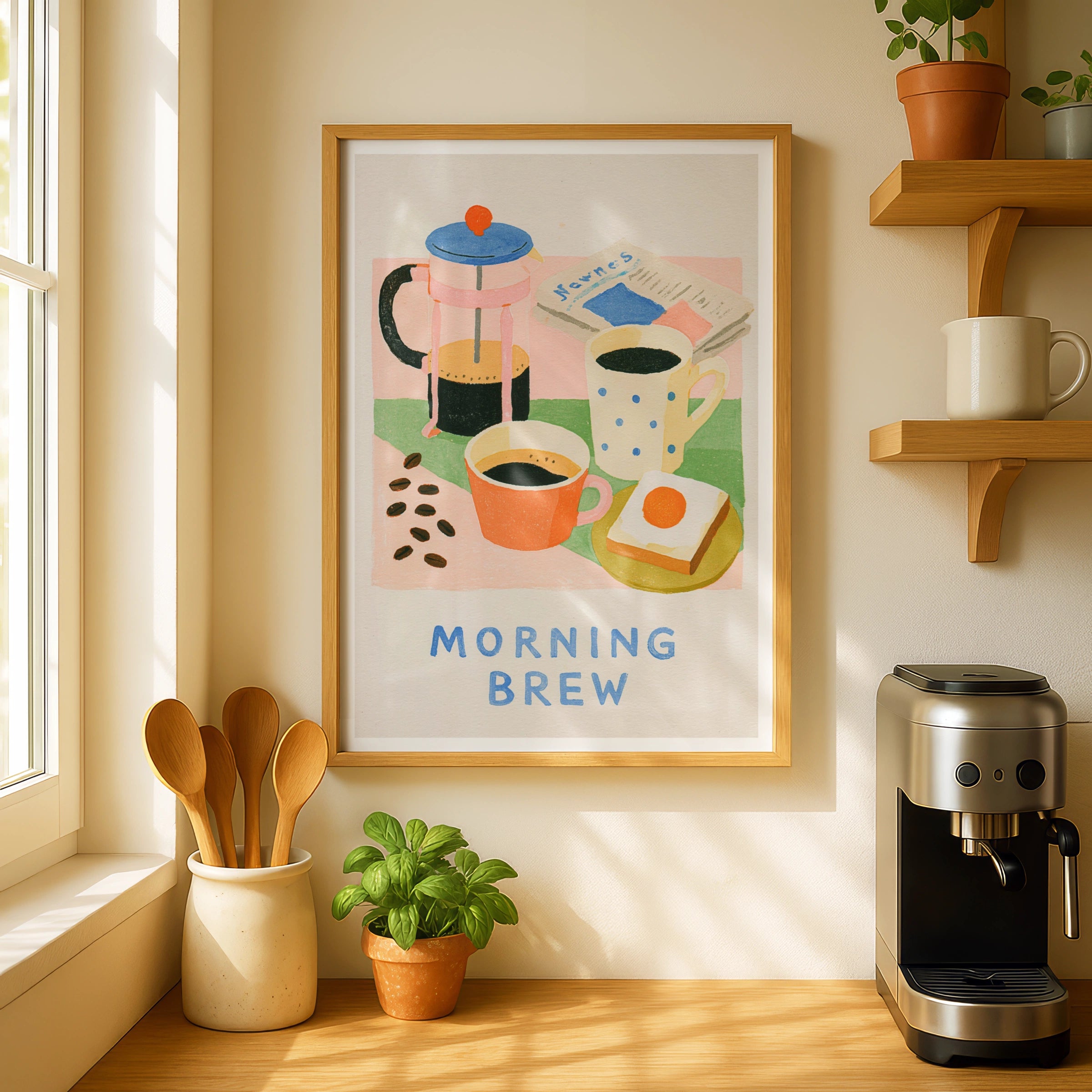 Morning Brew Vintage Food Poster Print | Rustic Kitchen Decor | Retro Mid Century Risograph Coffee