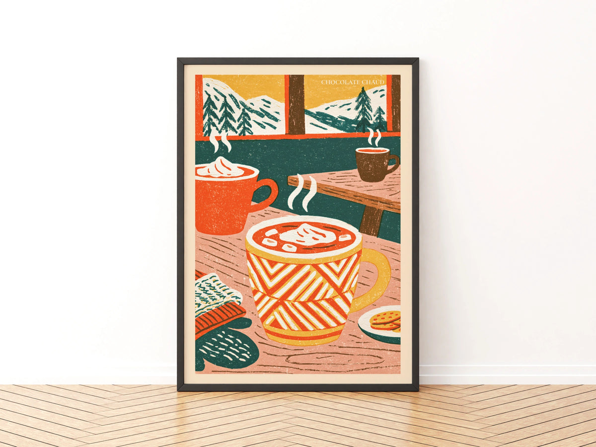 Vintage Food Poster Print, Hot Chocolate Chaud, Rustic Kitchen Decor, Retro Mid Century Risograph