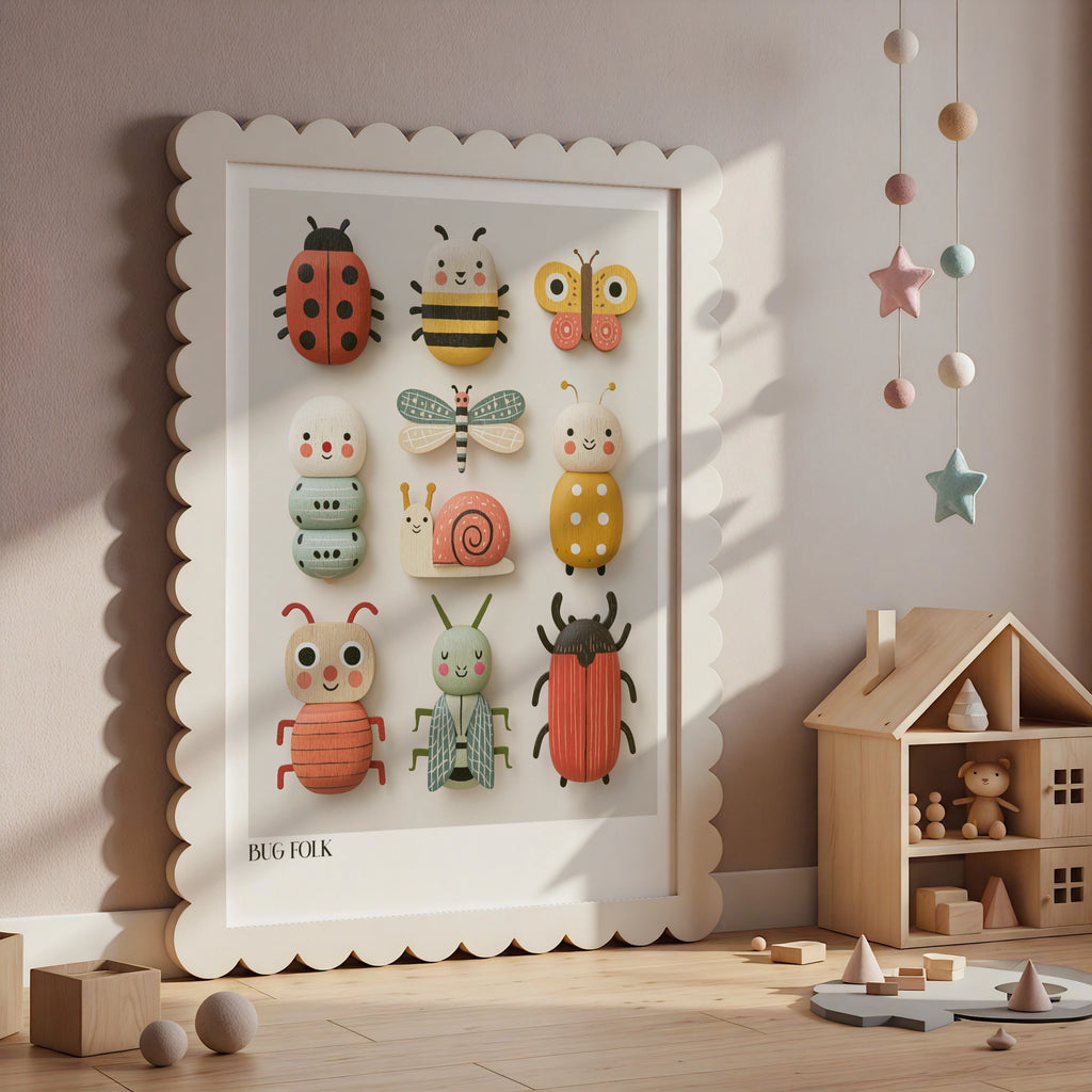Bug Folk Kids Wall Art, Retro Wooden Toy Insect Print, Children's Collectable Poster