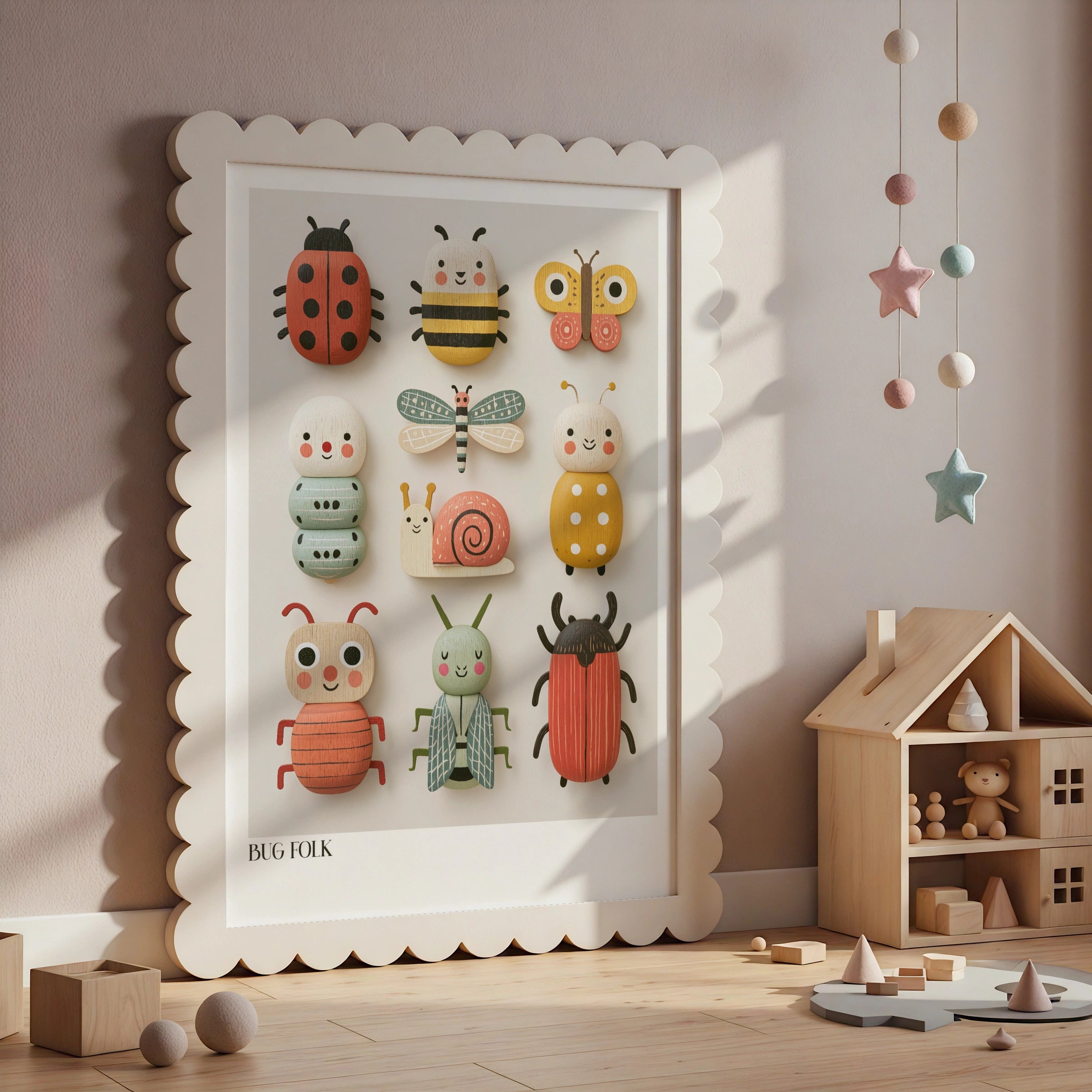Bug Folk Kids Wall Art, Retro Wooden Toy Insect Print, Children's Collectable Poster