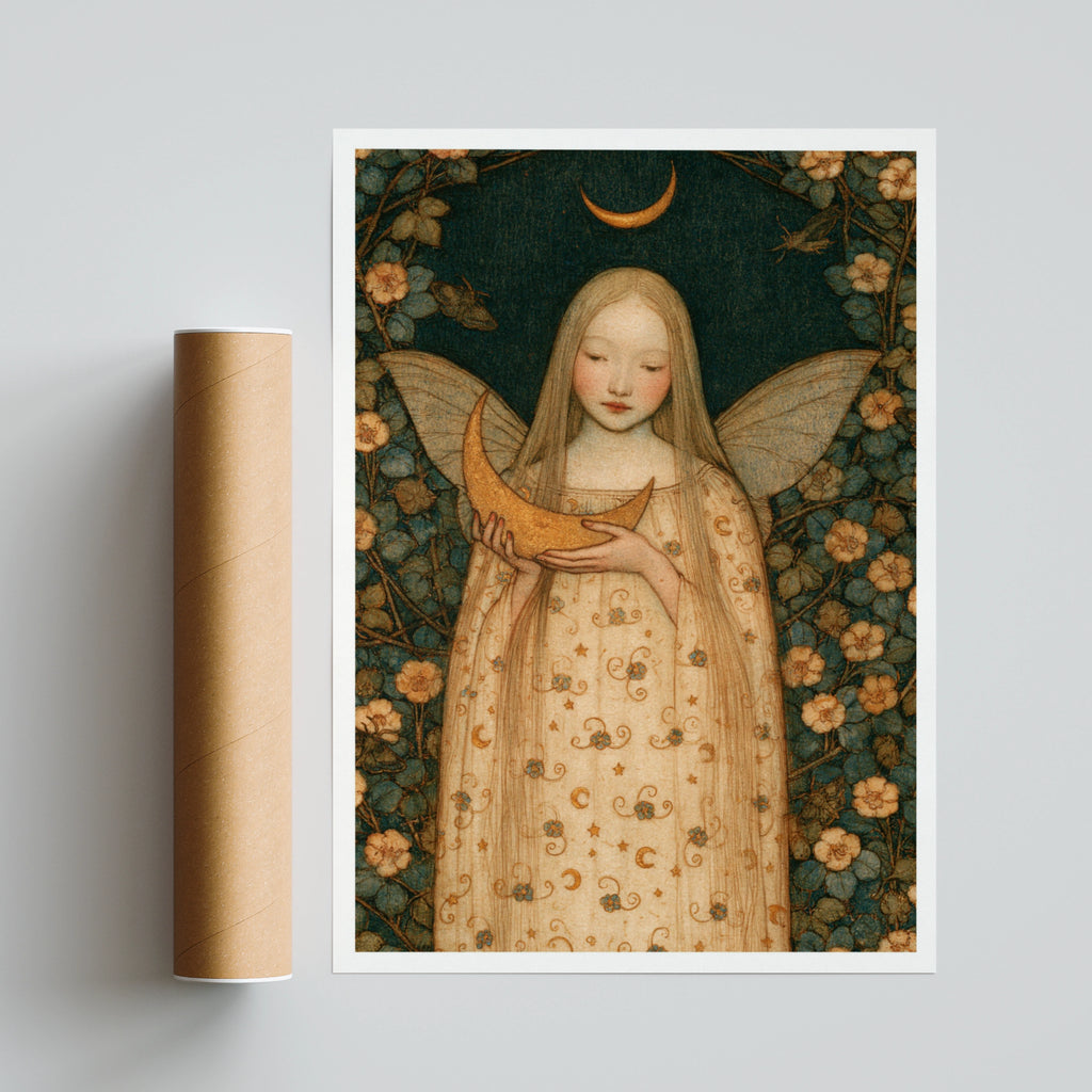 Fairy Moon Poster, Classic Folk Art Print, Celestial Floral Wall Art, Mystical Fairy Girl Decor