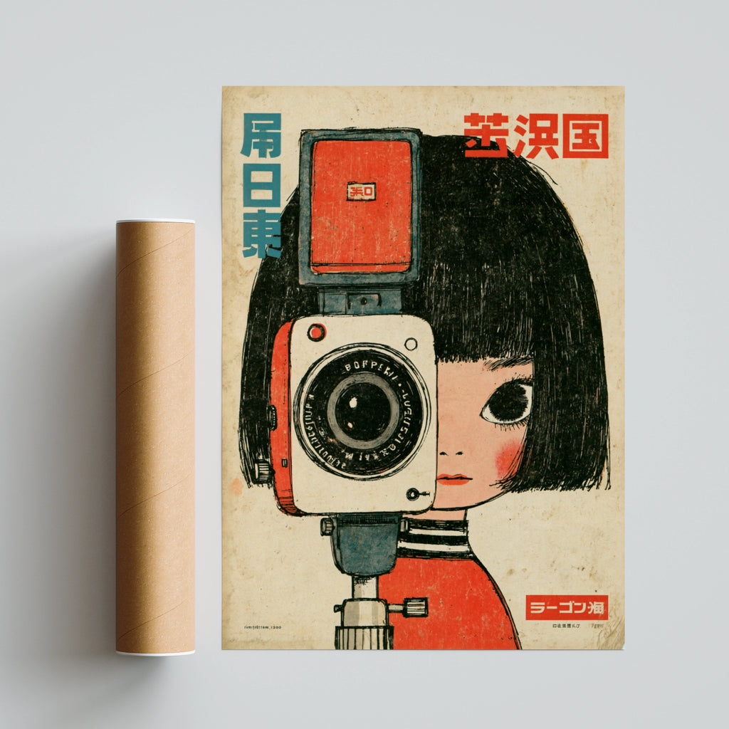 Vintage Japanese Camera Girl Poster, Retro Kawaii Wall Art, Mid Century Print