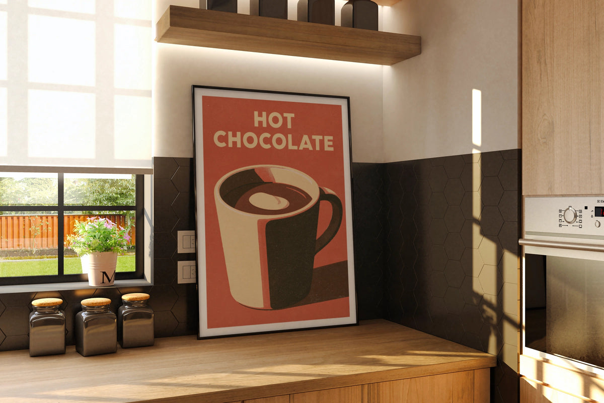 Hot Chocolate Vintage Food Poster Print | Rustic Kitchen Decor | Retro Mid Century Risograph Art