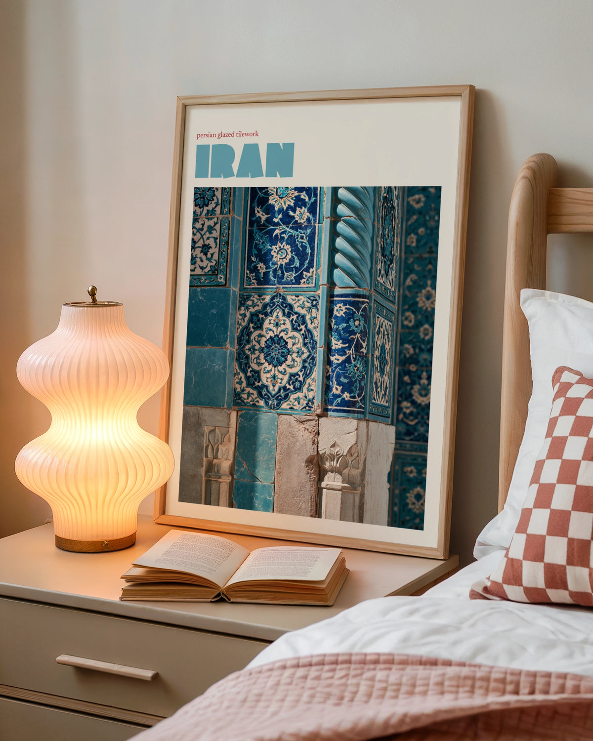 Iran Travel Poster, Persian Tilework Print, Contemporary Middle East Wall Art, Teal Blue Decor