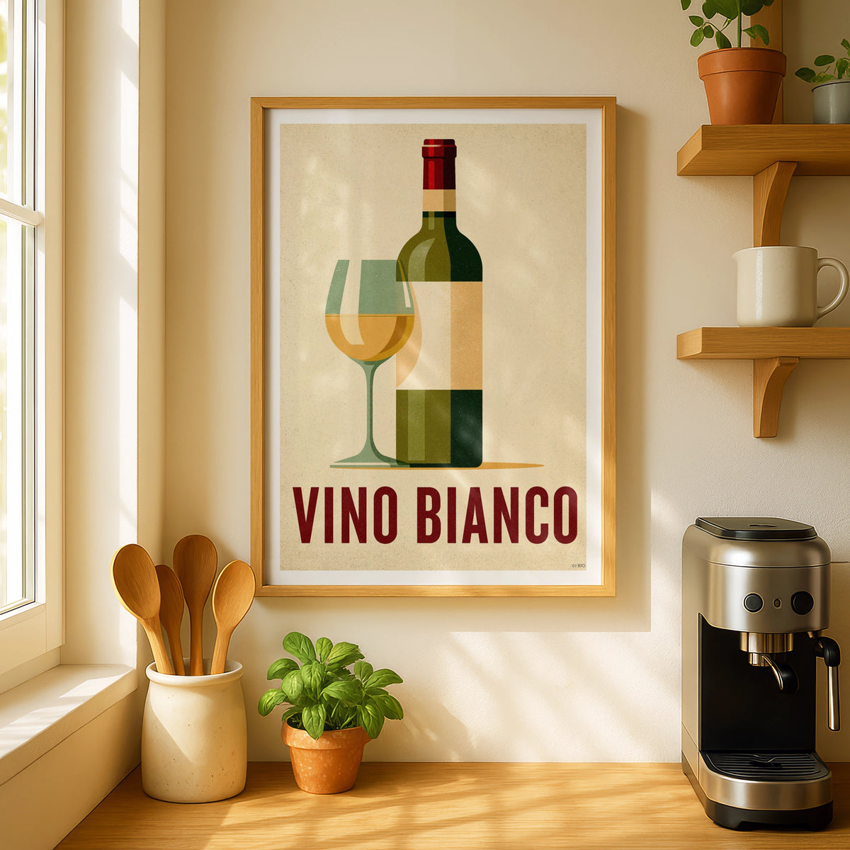 Vino Bianco Vintage Food Poster Print | Rustic Kitchen Decor | Retro Mid Century Risograph Wine