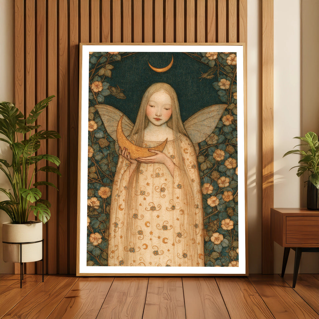 Fairy Moon Poster, Classic Folk Art Print, Celestial Floral Wall Art, Mystical Fairy Girl Decor