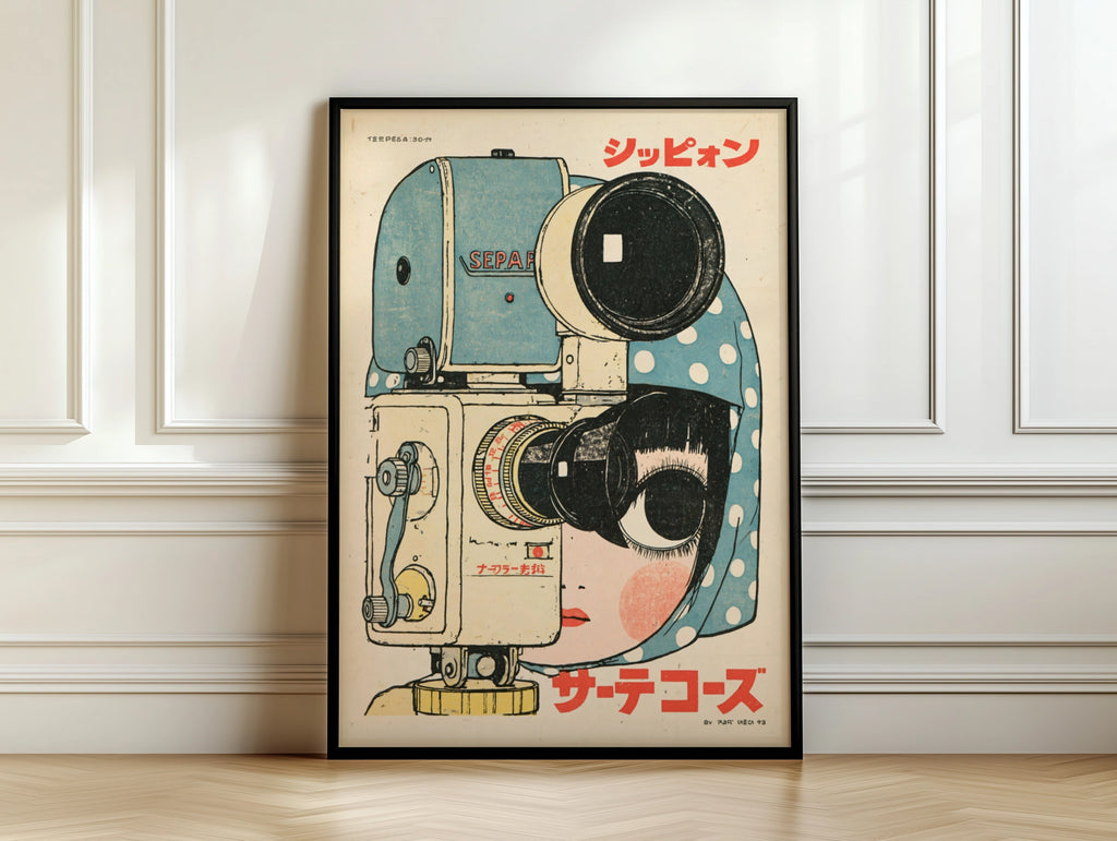 Japanese Retro Camera Girl Poster, Vintage Manga Style Wall Art, Polka Dot Print