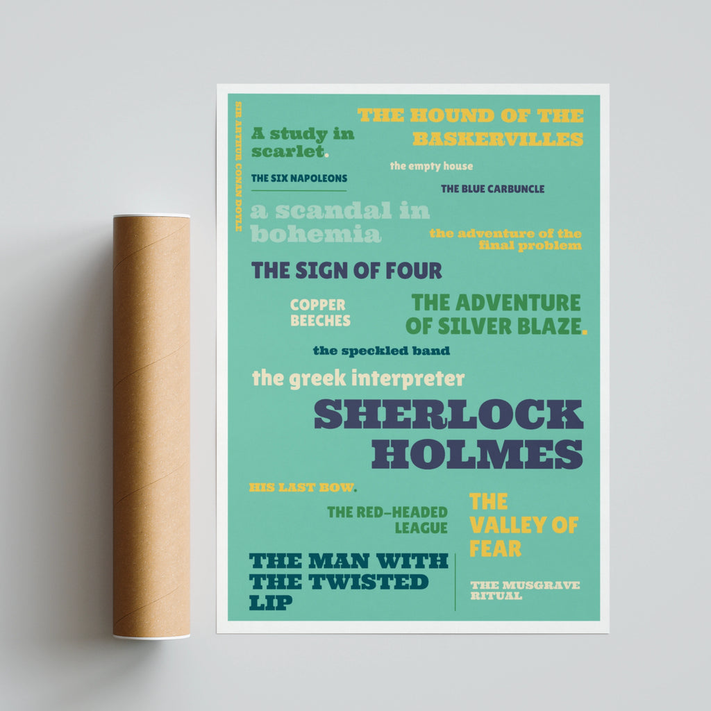 Sherlock Holmes Typography Print, Conan Doyle Literary Poster, Teal Book Lover Wall Art