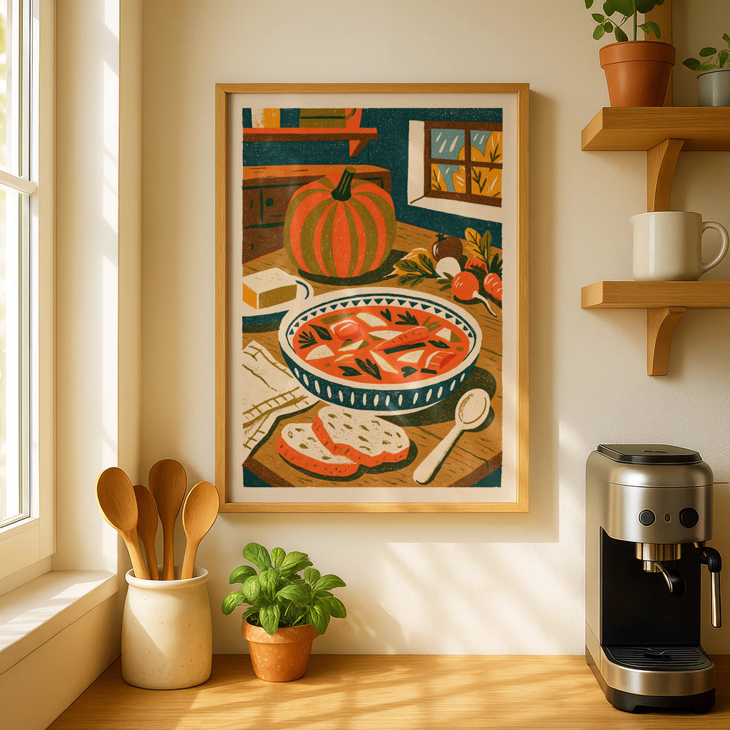 Vintage Food Poster Print, Rustic Kitchen Decor, Retro Mid Century Risograph Pumpkin Soup Art
