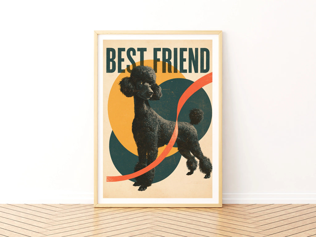 Black Poodle Retro Dog Print, Best Friend Vintage Style Poster, Teal Gold Wall Art