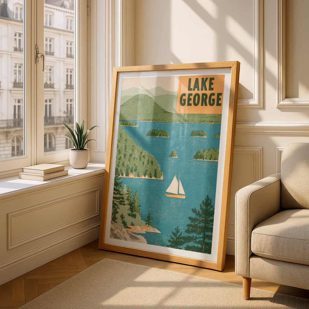 Retro Lake George Poster, Vintage Travel Print, New York Adirondacks Sailboat Wall Art, Lake House