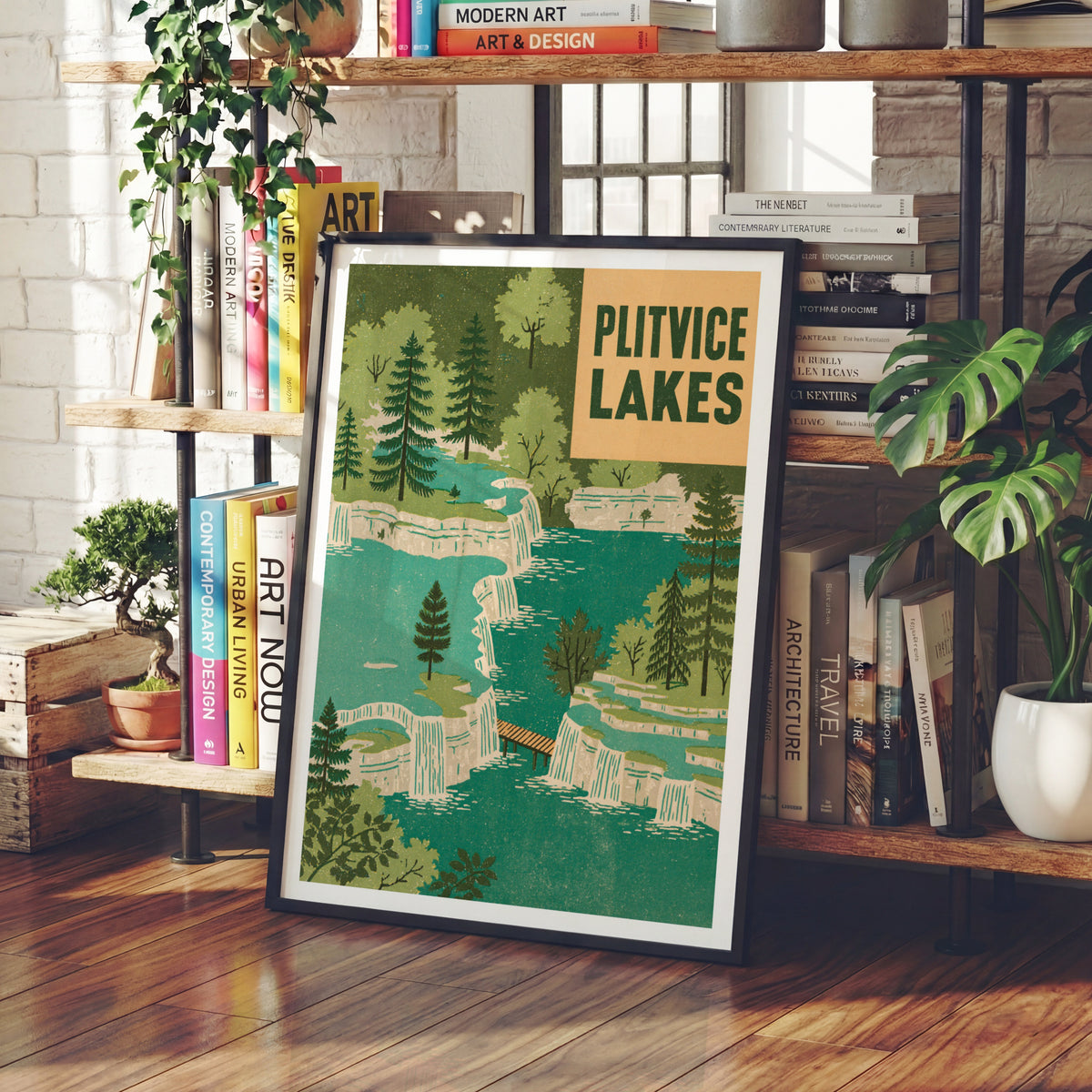 Retro Plitvice Lakes Croatia Poster, Vintage Travel Print, Waterfall Wall Art, Green Nature Art