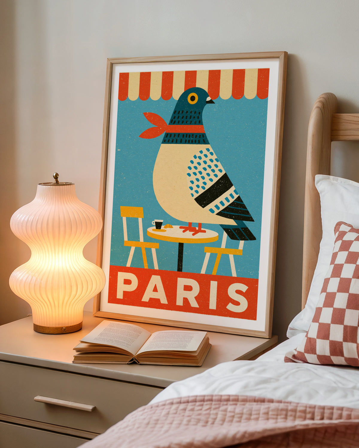 Paris Pigeon Retro Print, French Cafe Wall Art, Vintage Travel Folk Bird Art Print