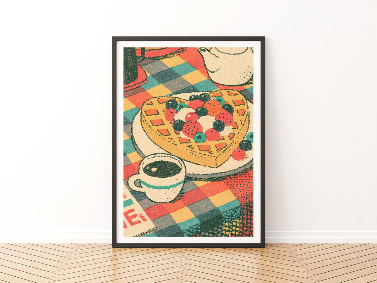 Vintage Food Poster Print, Waffle & Coffee Art, Rustic Kitchen Decor, Retro Mid Century Risograph