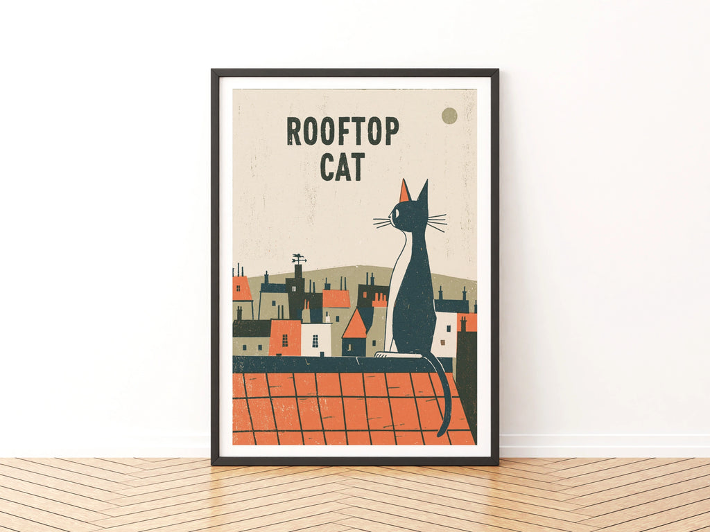 Rooftop Cat Print, Retro Black Cat Wall Art, Folk Style Cat Lover Gift, Vintage Town