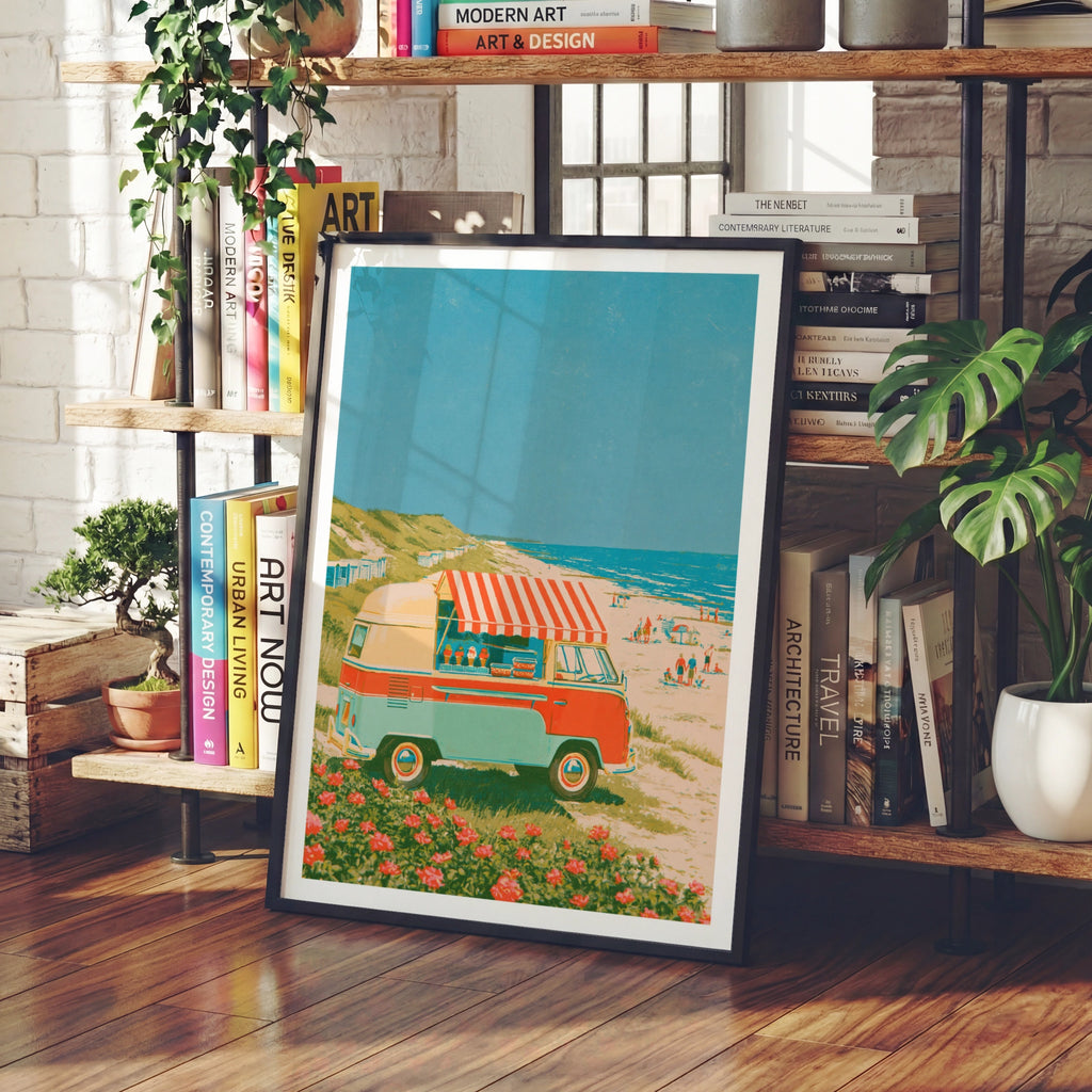 Retro Ice Cream Van Beach Poster, Vintage Camper Van Wall Art, Coastal Summer Print