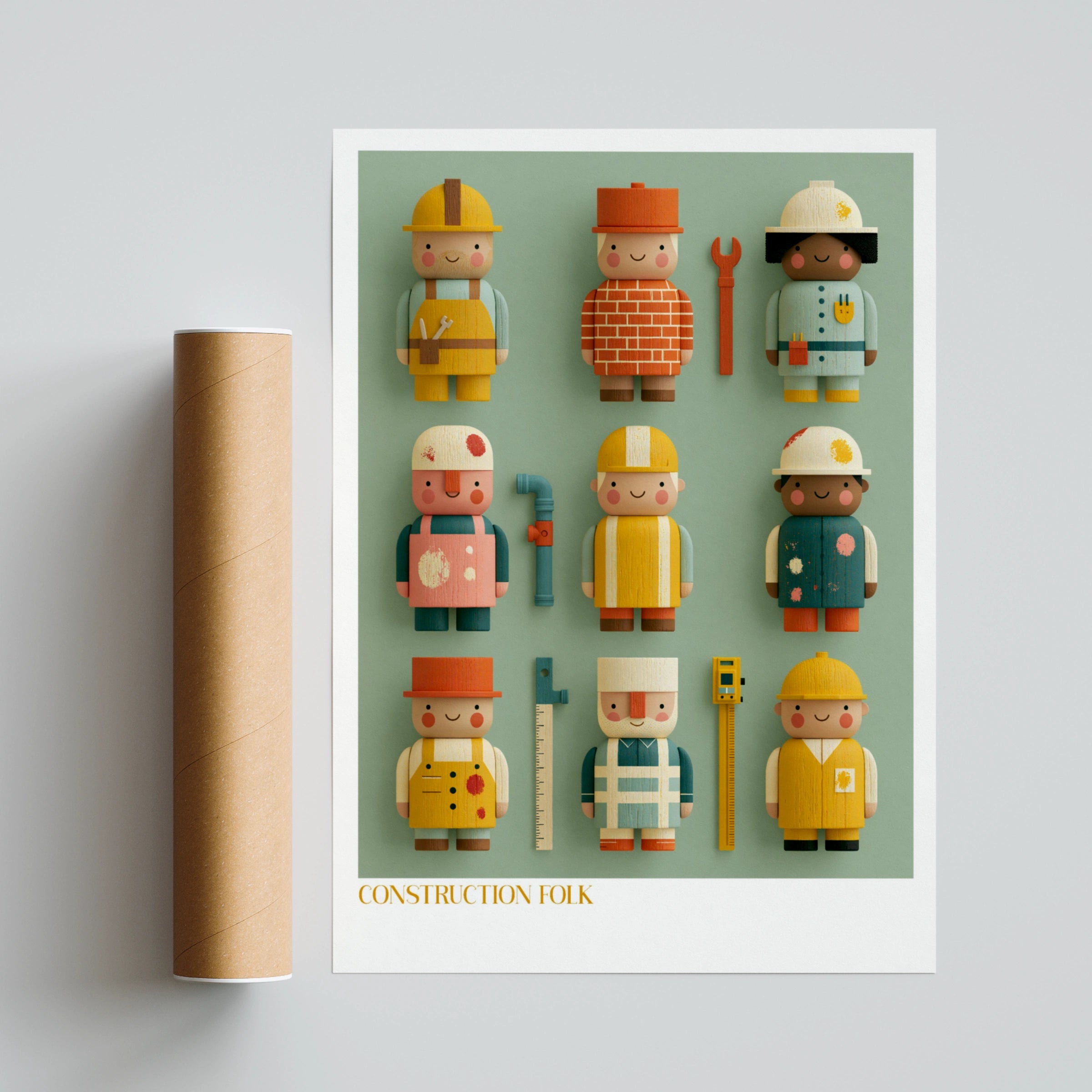 Construction Folk Kids Wall Art, Retro Wooden Toy Characters Print, Children's Bedroom Poster