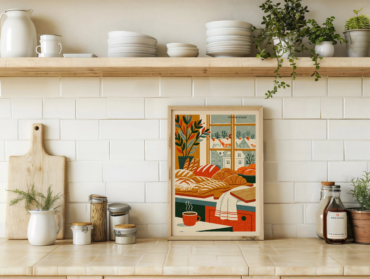 Vintage Food Poster Print, Winter Baker Bread Art, Rustic Kitchen Decor, Retro Mid Century Risograph