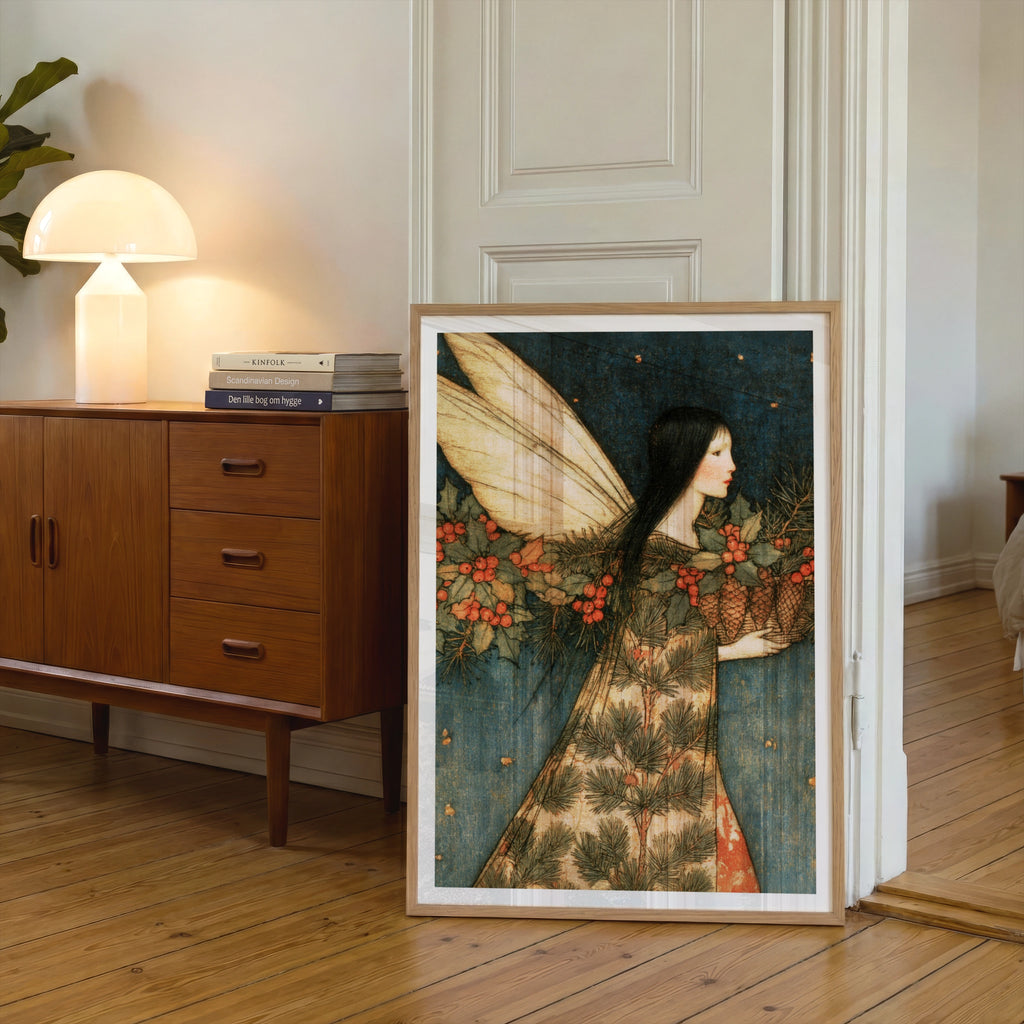 Winter Fairy Art Print, Christmas Folk Poster, Holly Berry Pine Cone Classic Inspired Wall Art