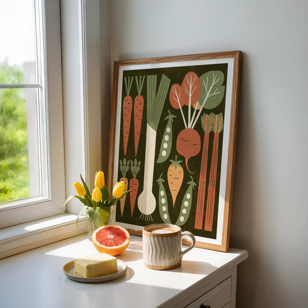 Vintage Food Poster Print, Rustic Kitchen Decor, Retro Mid Century Risograph Vegetable Art