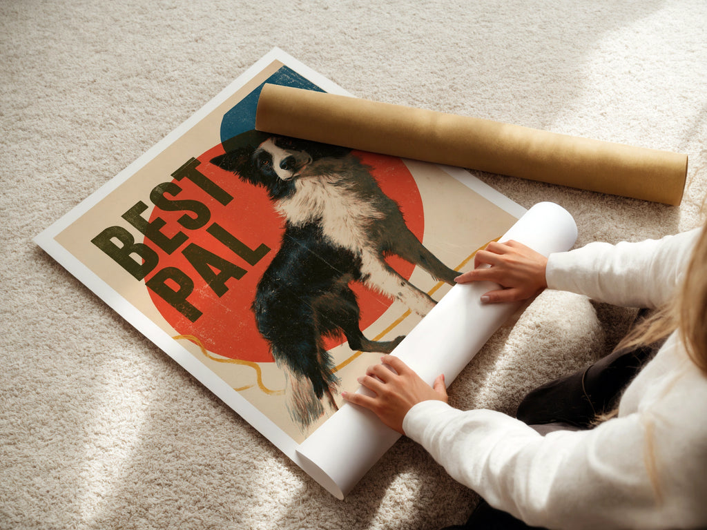 Border Collie Retro Dog Print, Best Pal Folk Art, Vintage Style Dog Wall Art Gift