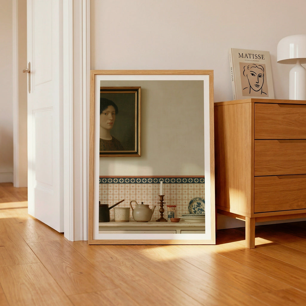 Contemporary Dutch Kitchen Still Life Art Print, Vintage Tiles Portrait Wall Decor