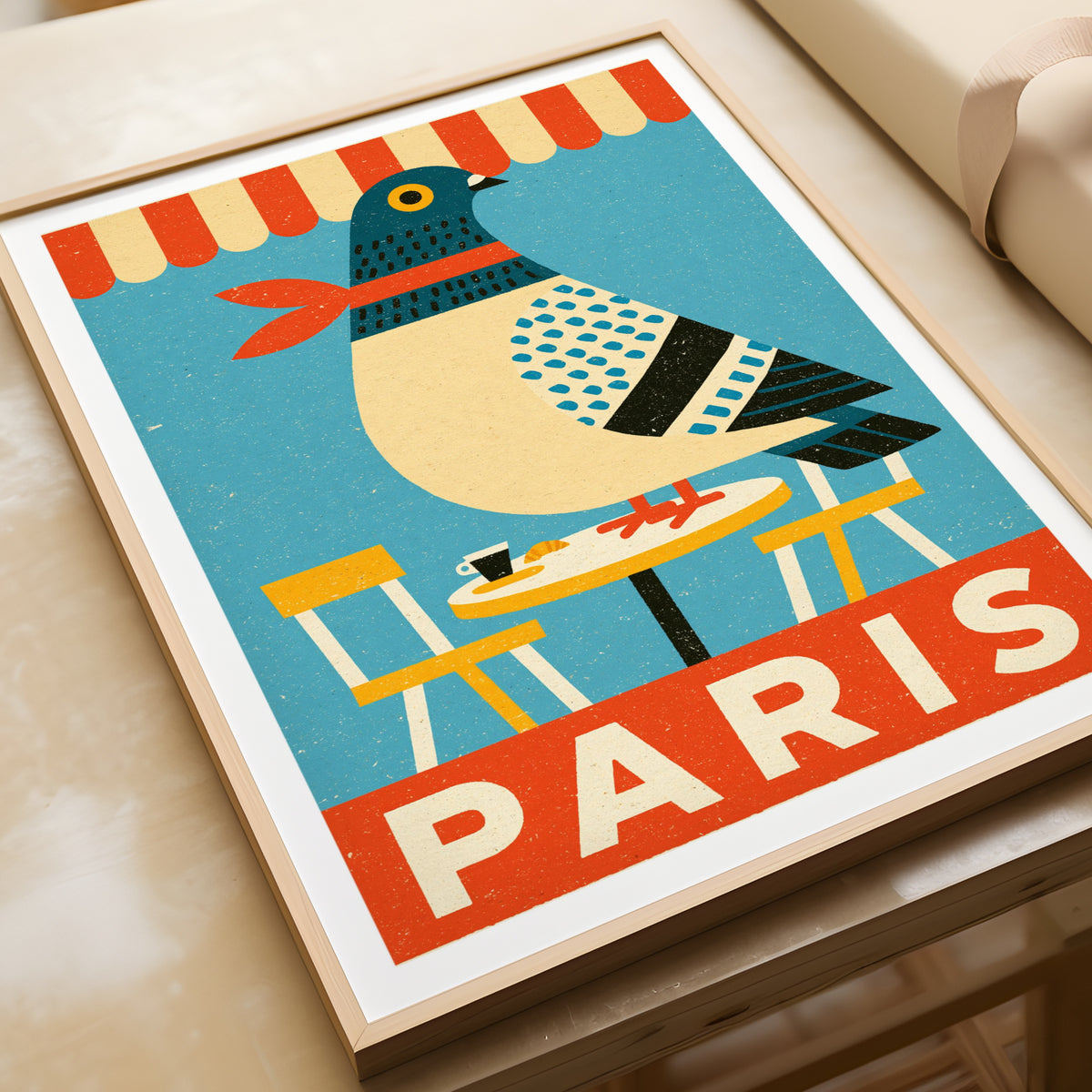 Paris Pigeon Retro Print, French Cafe Wall Art, Vintage Travel Folk Bird Art Print