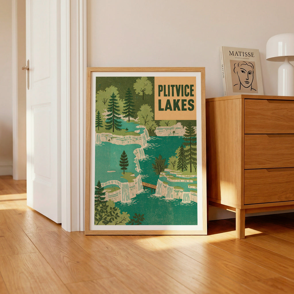 Retro Plitvice Lakes Croatia Poster, Vintage Travel Print, Waterfall Wall Art, Green Nature Art