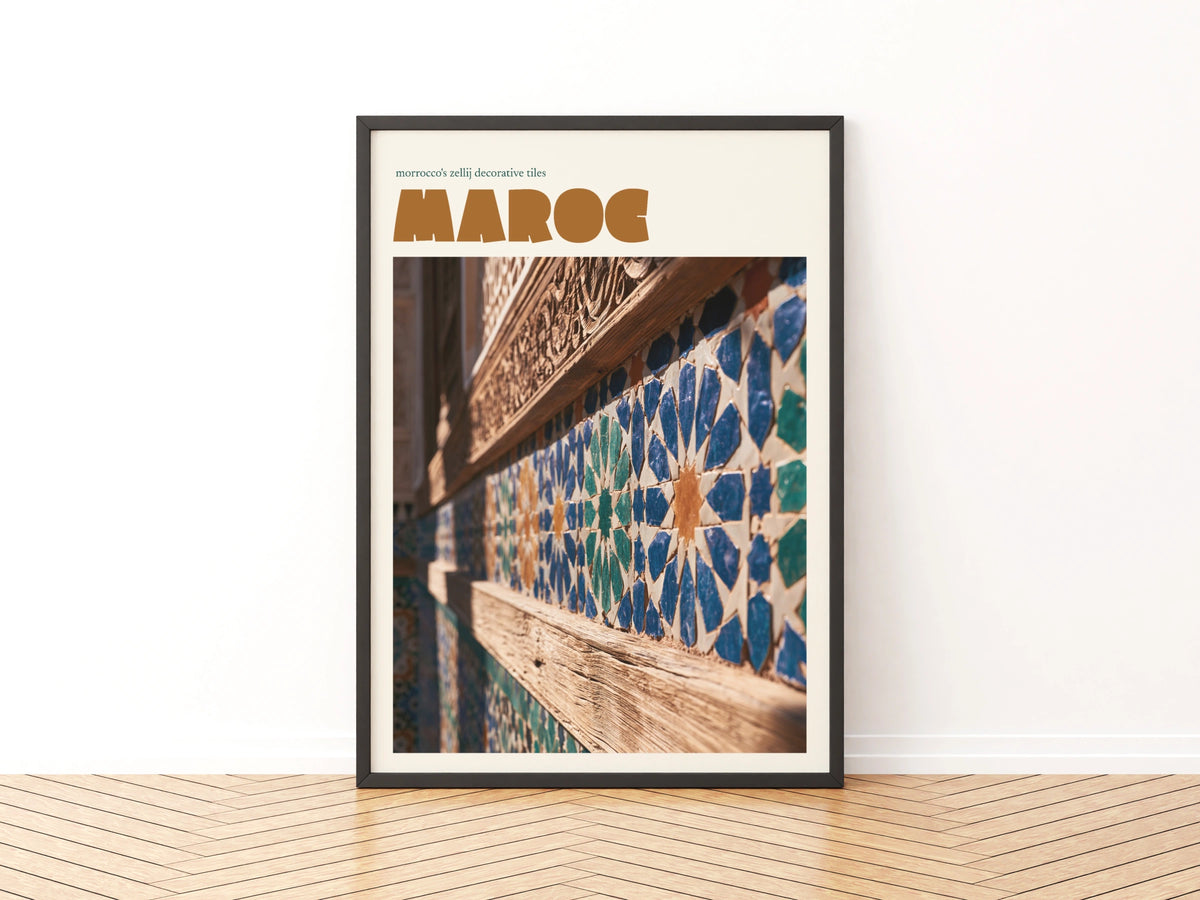 Morocco Retro Travel Poster, Zellij Tile Art Print, Maroc Vintage Wall Decor