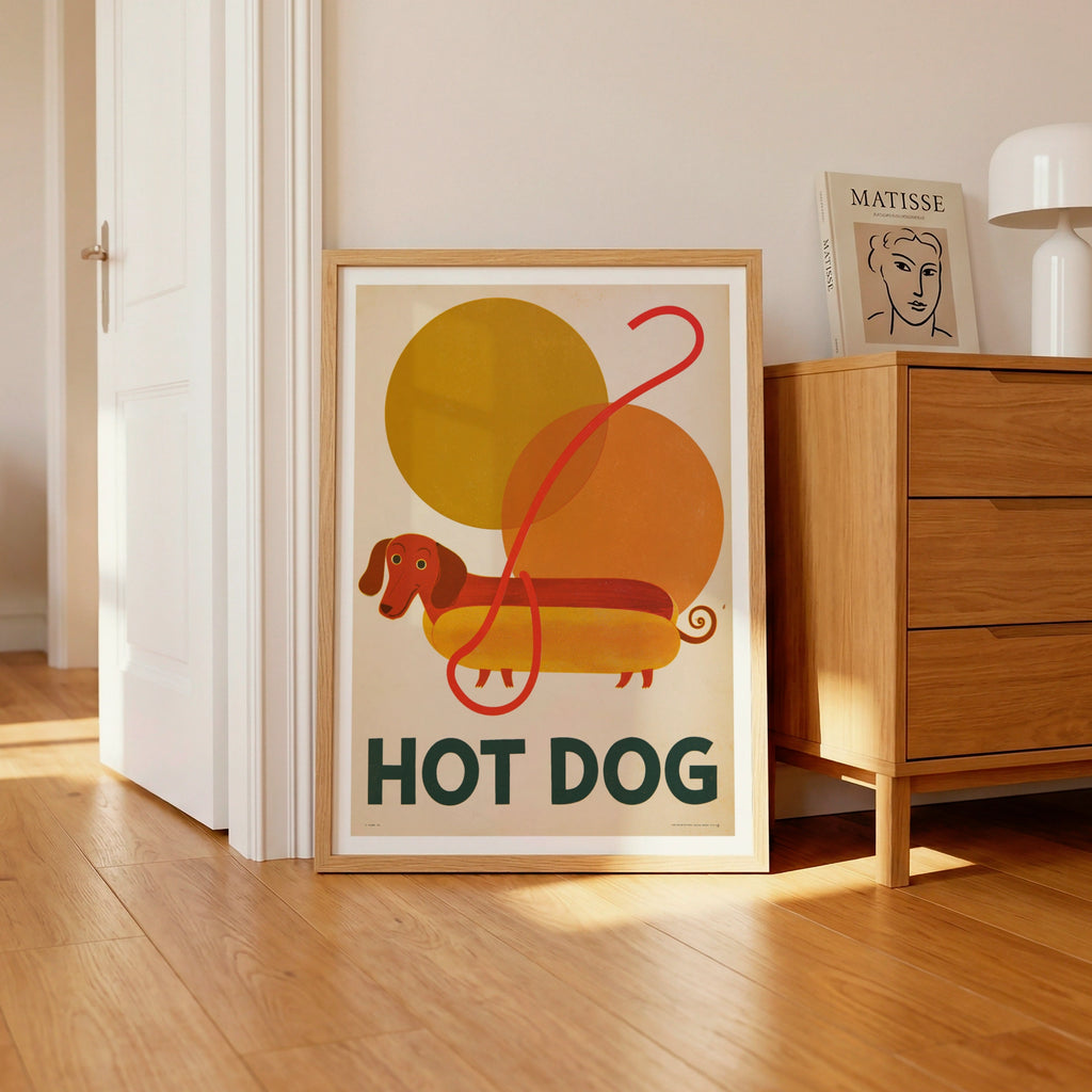 Hot Dog Dachshund Retro Print, Vintage Style Sausage Dog Wall Art, Mid Century