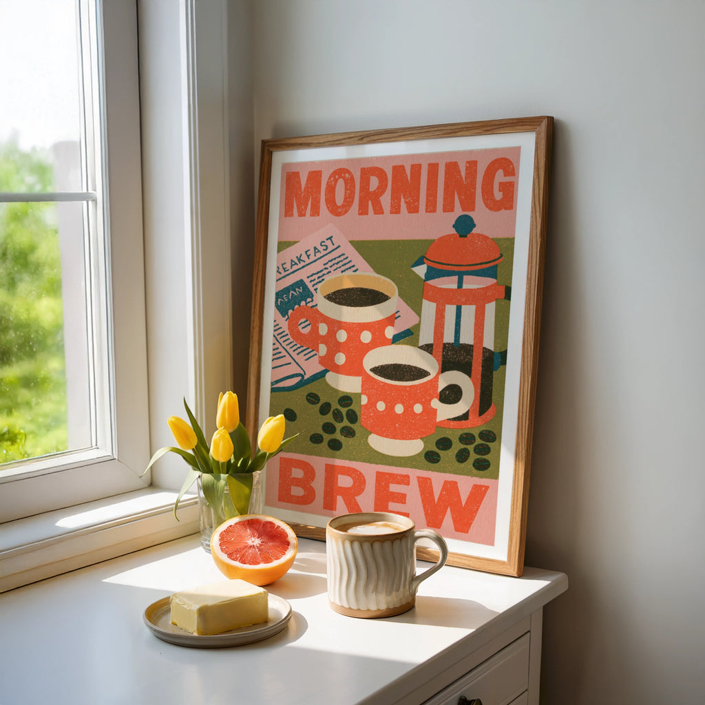 Morning Brew Coffee Vintage Food Poster Print | Rustic Kitchen Decor | Retro Mid Century Risograph