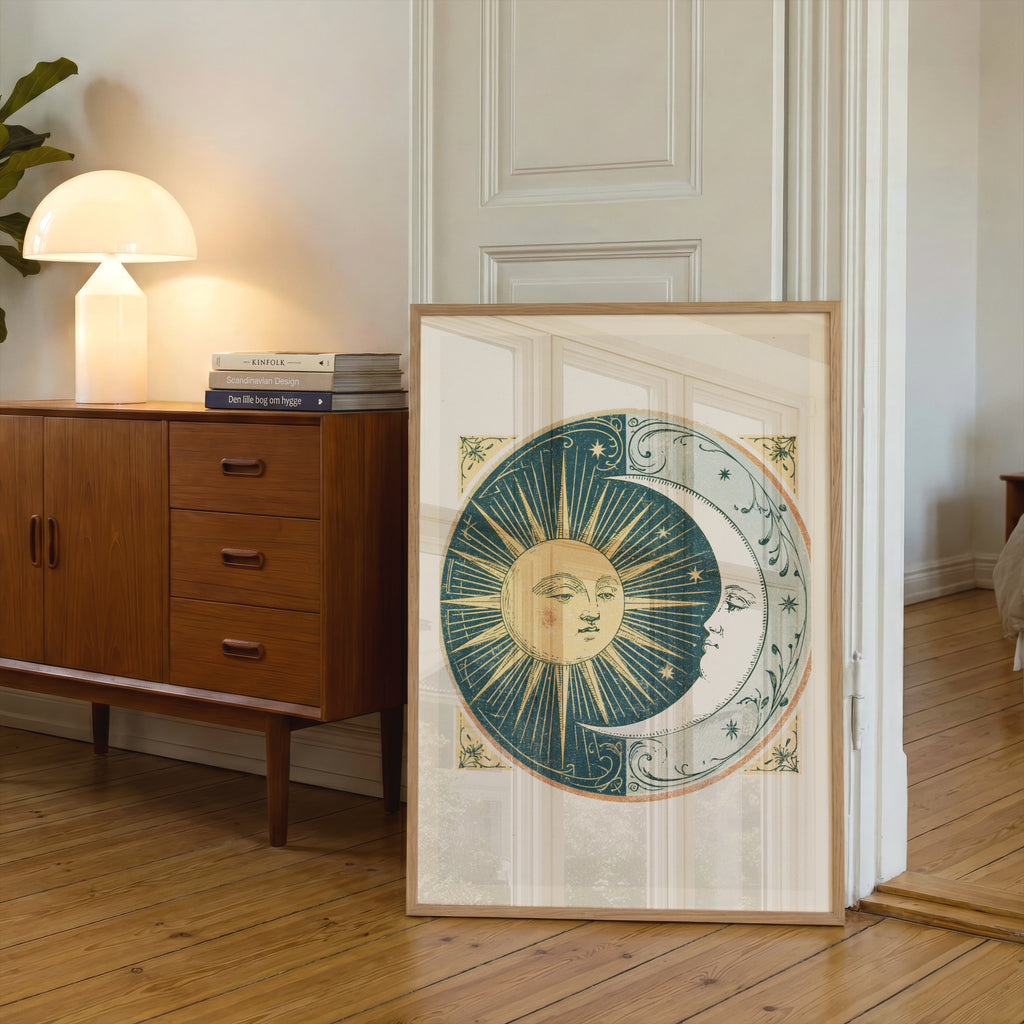 Vintage Sun and Moon Art Print, Celestial Wall Art, Boho Mystical Poster, Antique Astrology Decor