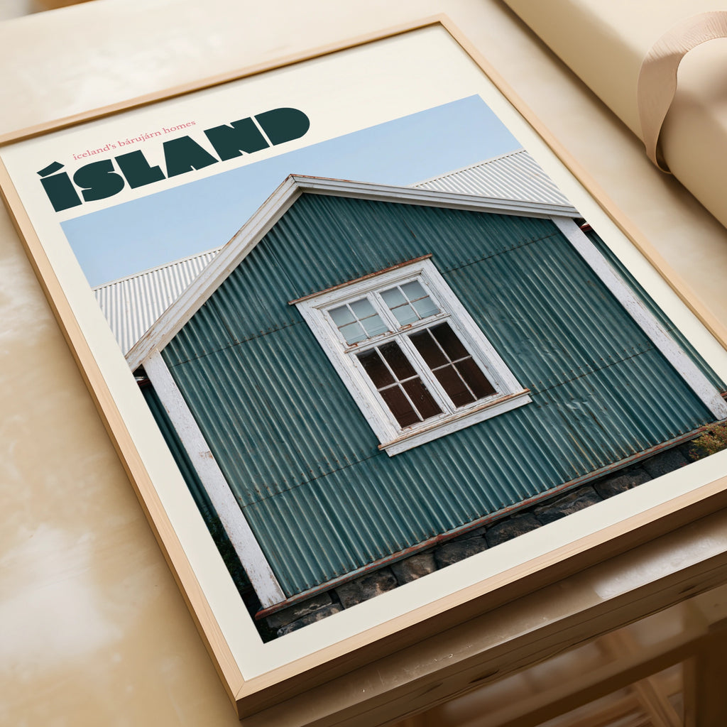 Iceland Travel Poster, Island Retro Print, Corrugated Iron Home, Teal Nordic Wall Art