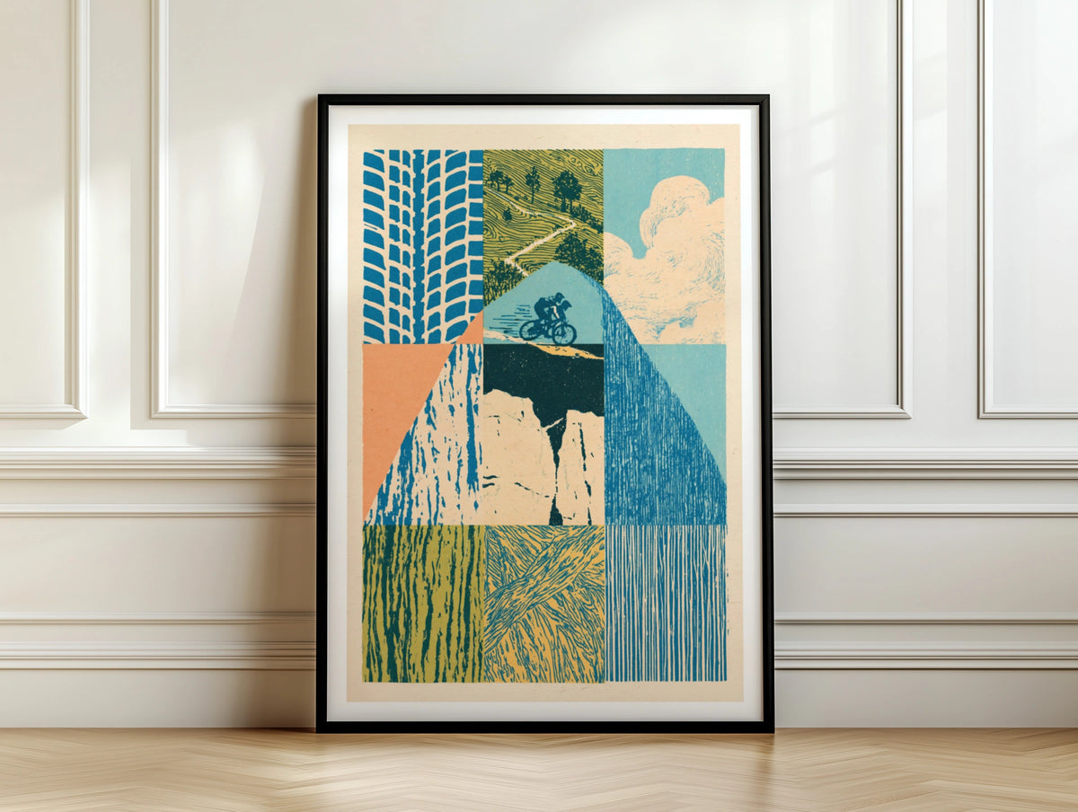 Mountain Bike Retro Print, MTB Trail Poster, Vintage Cycling Wall Art, Linocut Style Gift