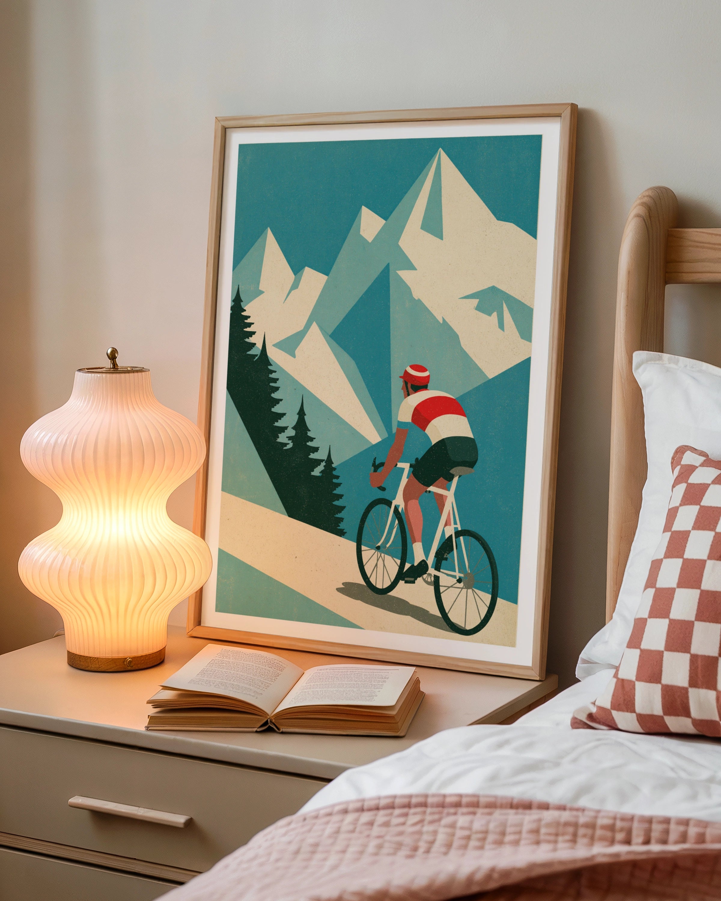 Retro Cycling Poster, Mountain Road Cyclist Print, Vintage Travel Alpine Wall Art, Teal Blue