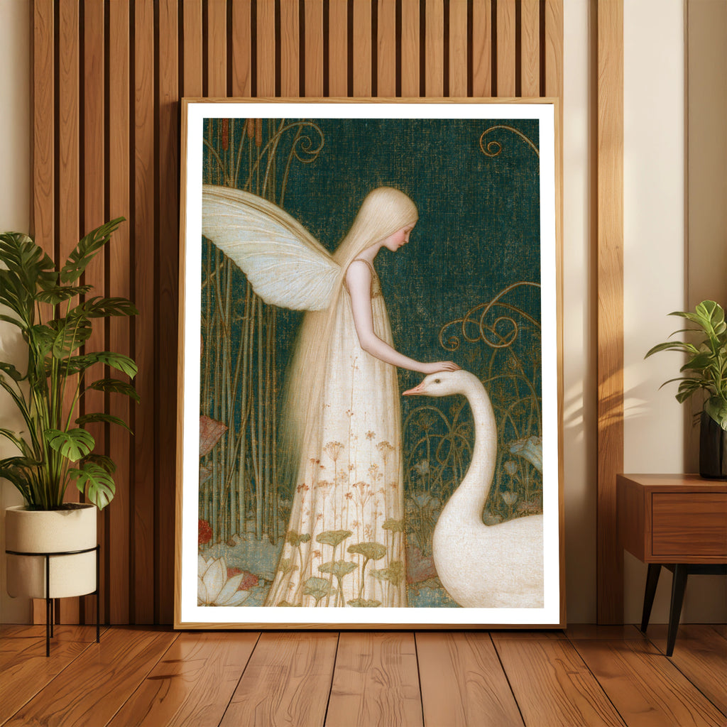 Fairy and Swan Print, Classic Folk Art Poster, Ethereal Fantasy Wall Art, Teal Gold Whimsical