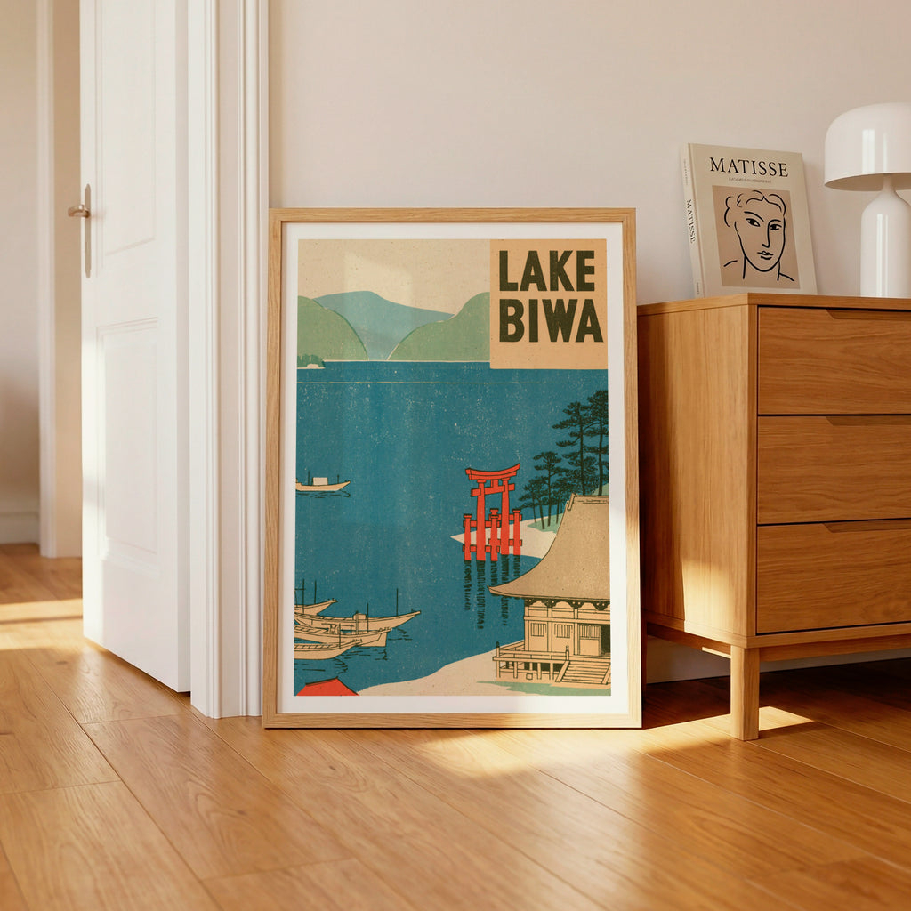 Lake Biwa Japan Retro Travel Poster, Vintage Travel Torii Gate Woodblock Style, Japanese Wall Art